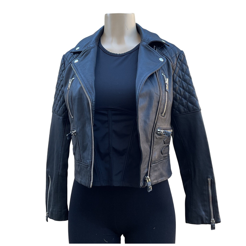 AllSaints Black Leather Moto Biker Jacket NWT Quilted Cropped Women US 2 - Picture 2 of 13